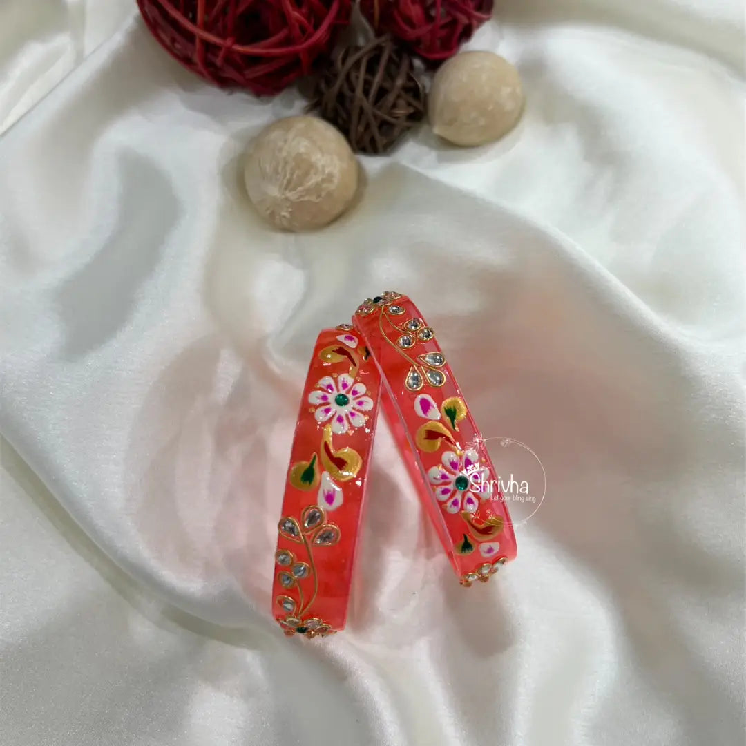 Floral Glass Bangles – Traditional Ethnic Glitter Style (2 Pc)