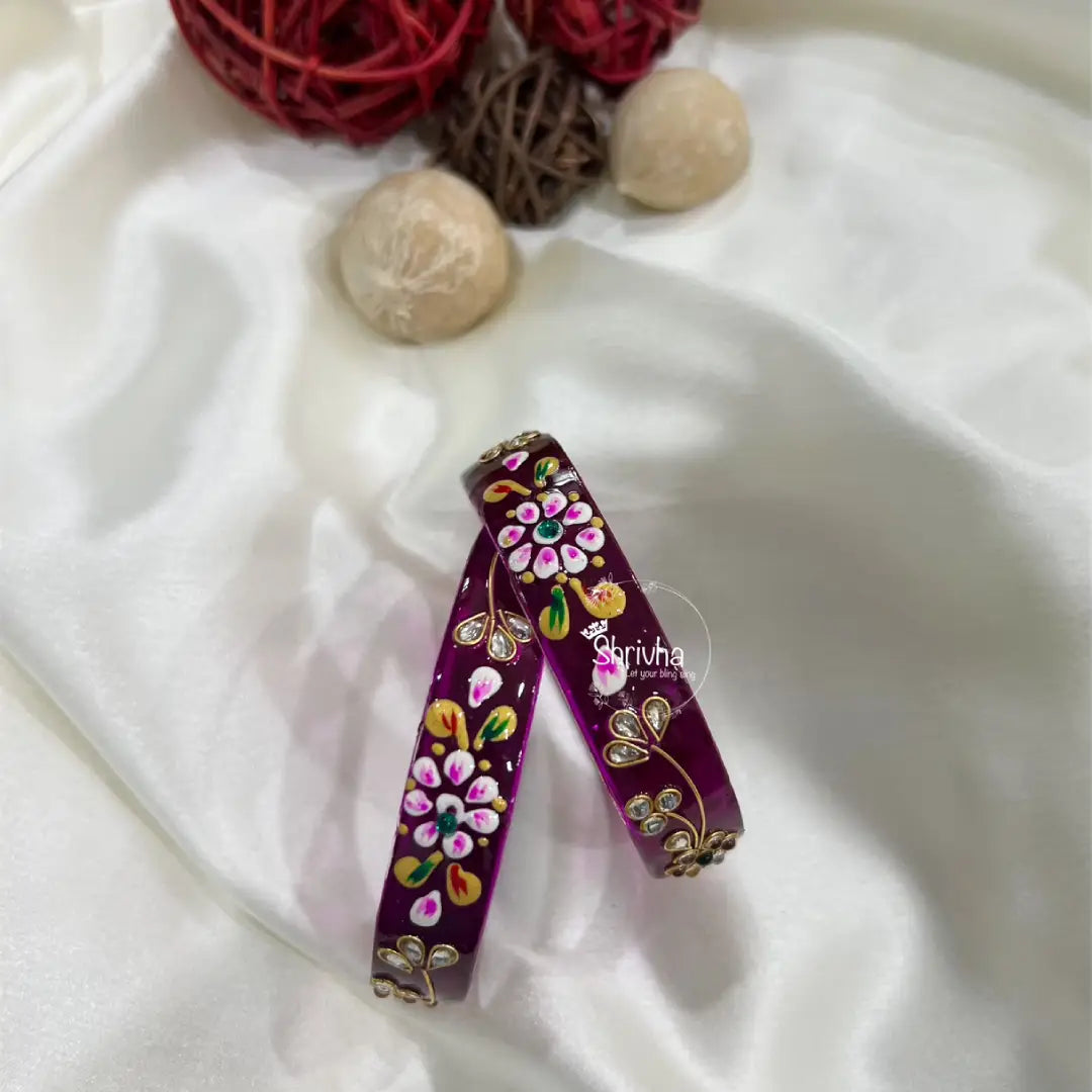 Floral Glass Bangles – Traditional Ethnic Glitter Style (2 Pc)