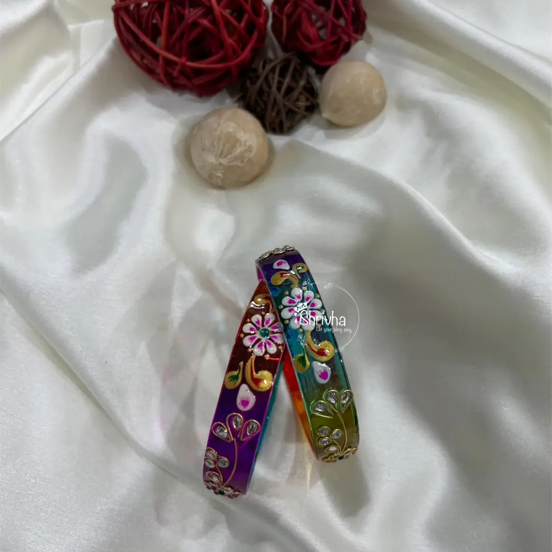 Floral Glass Bangles – Traditional Ethnic Glitter Style (2 Pc)