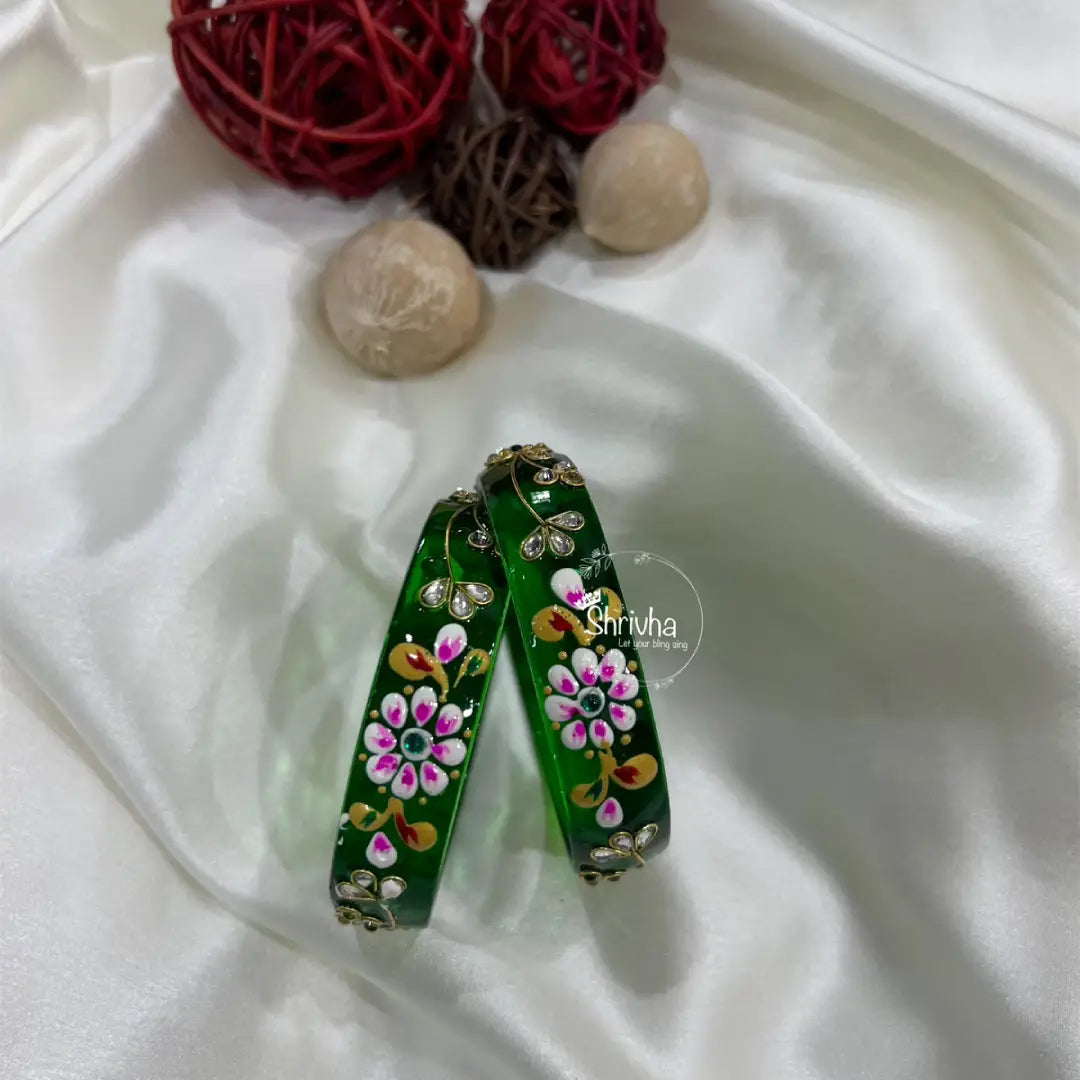 Floral Glass Bangles – Traditional Ethnic Glitter Style (2 Pc)