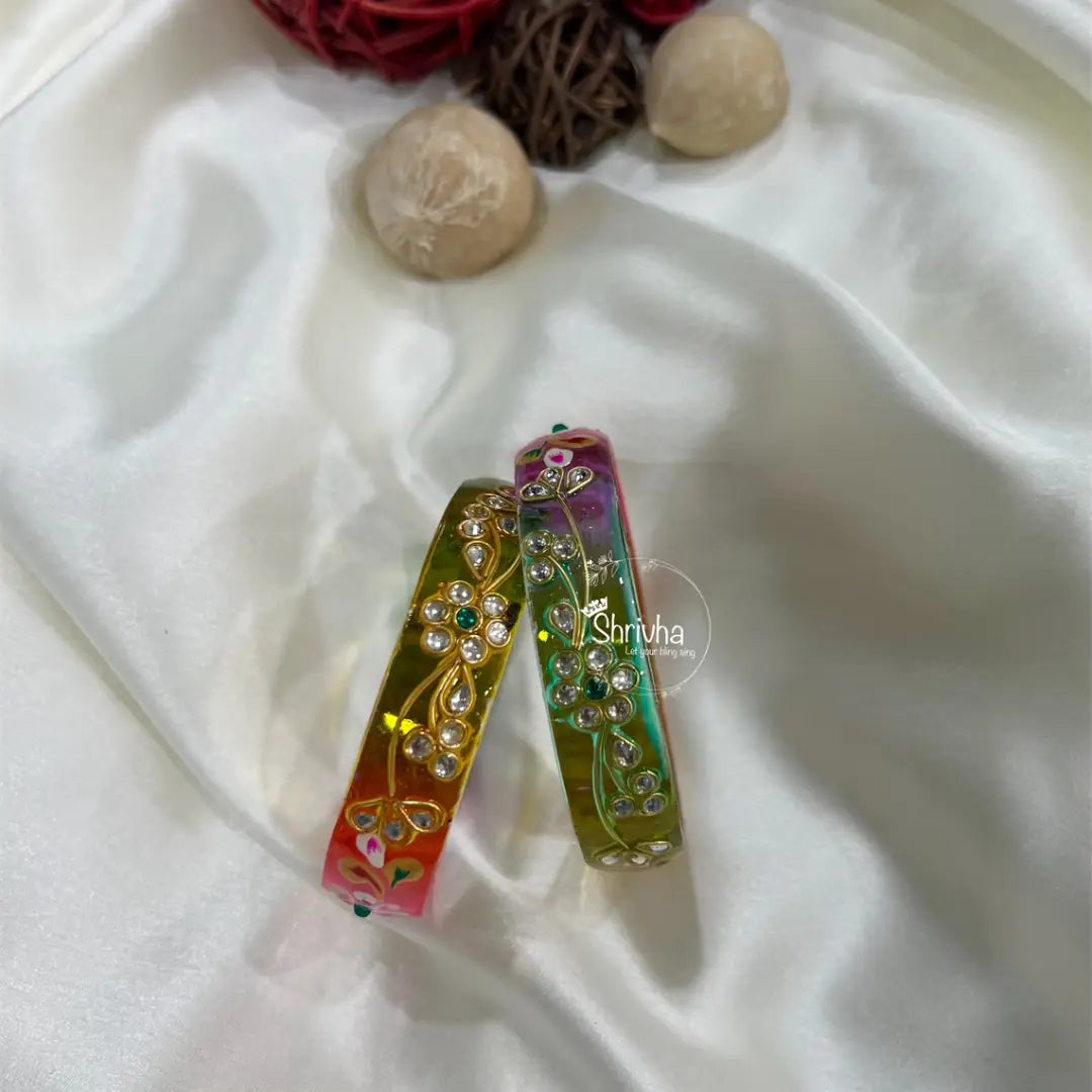 Floral Glass Bangles – Traditional Ethnic Glitter Style (2 Pc)