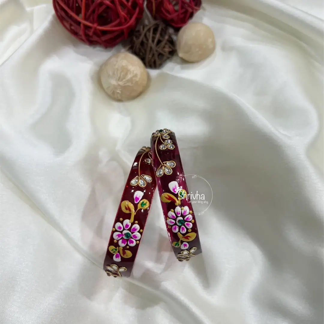 Floral Glass Bangles – Traditional Ethnic Glitter Style (2 Pc)