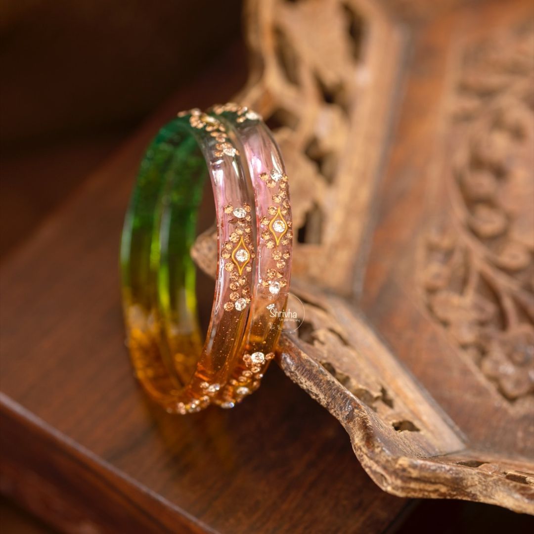 Majestic Hues – Glass Bangles with Stonework (2 Pcs)