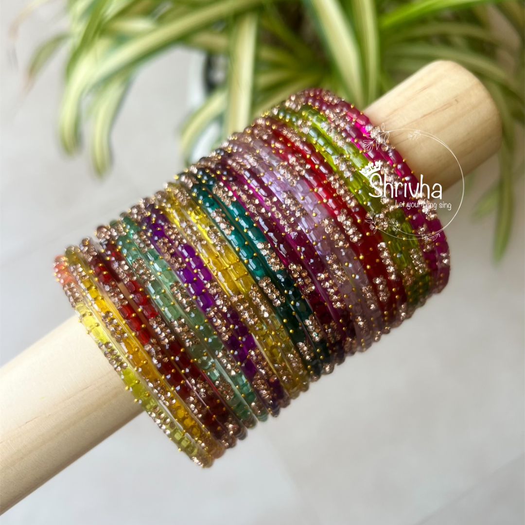 Shimmering Expanse – Glass Bangles with Stone Inlays (22Pc)