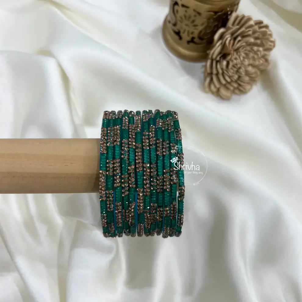 Close-up of handcrafted Shrivha bangles with sparkling stone details