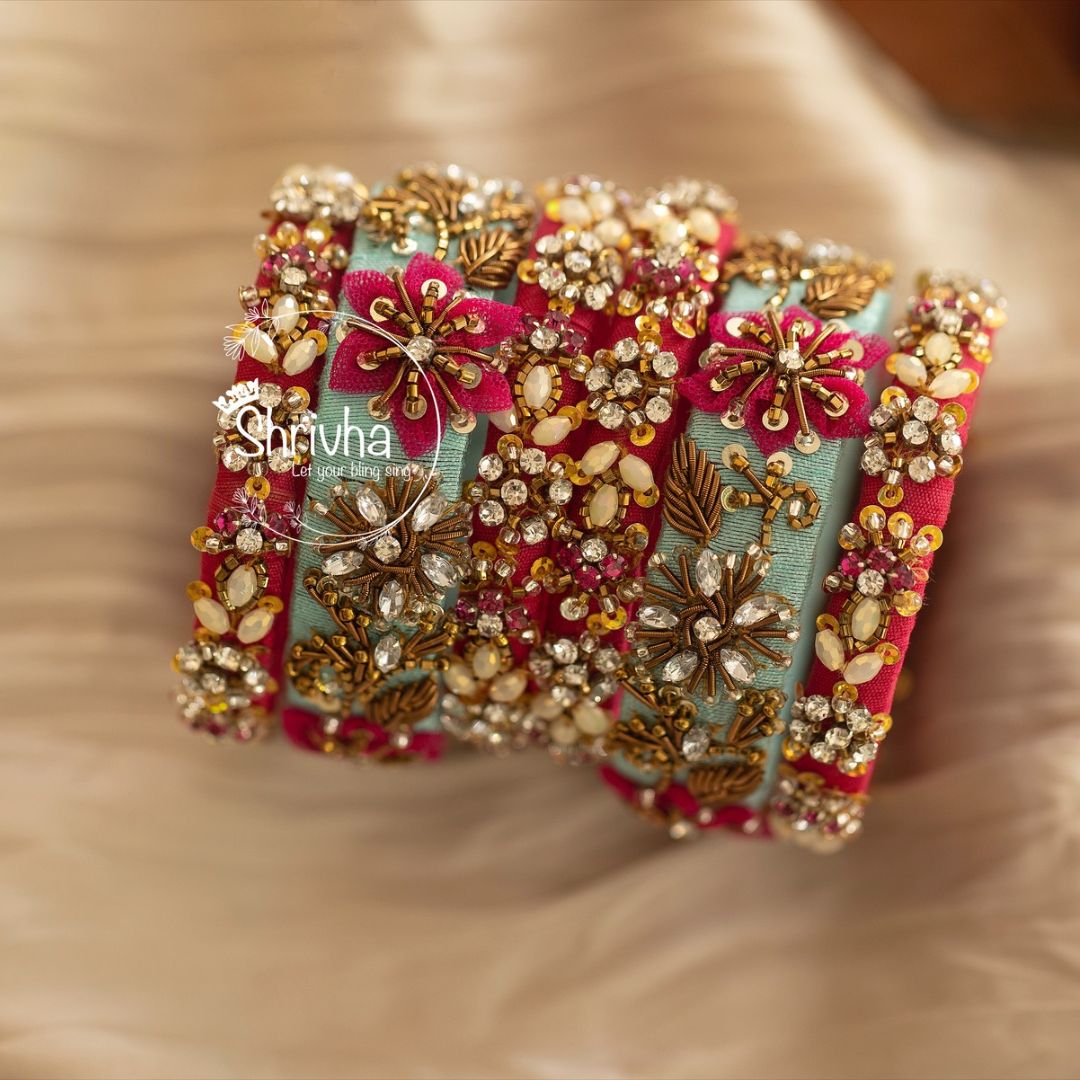 Fuchsia Flair Raw Silk Embellished Bangle Set