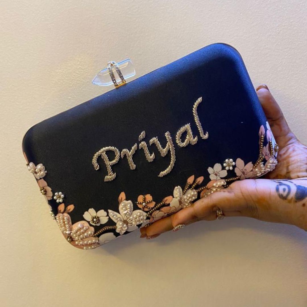 Personalized Floral Beaded Clutch - Black