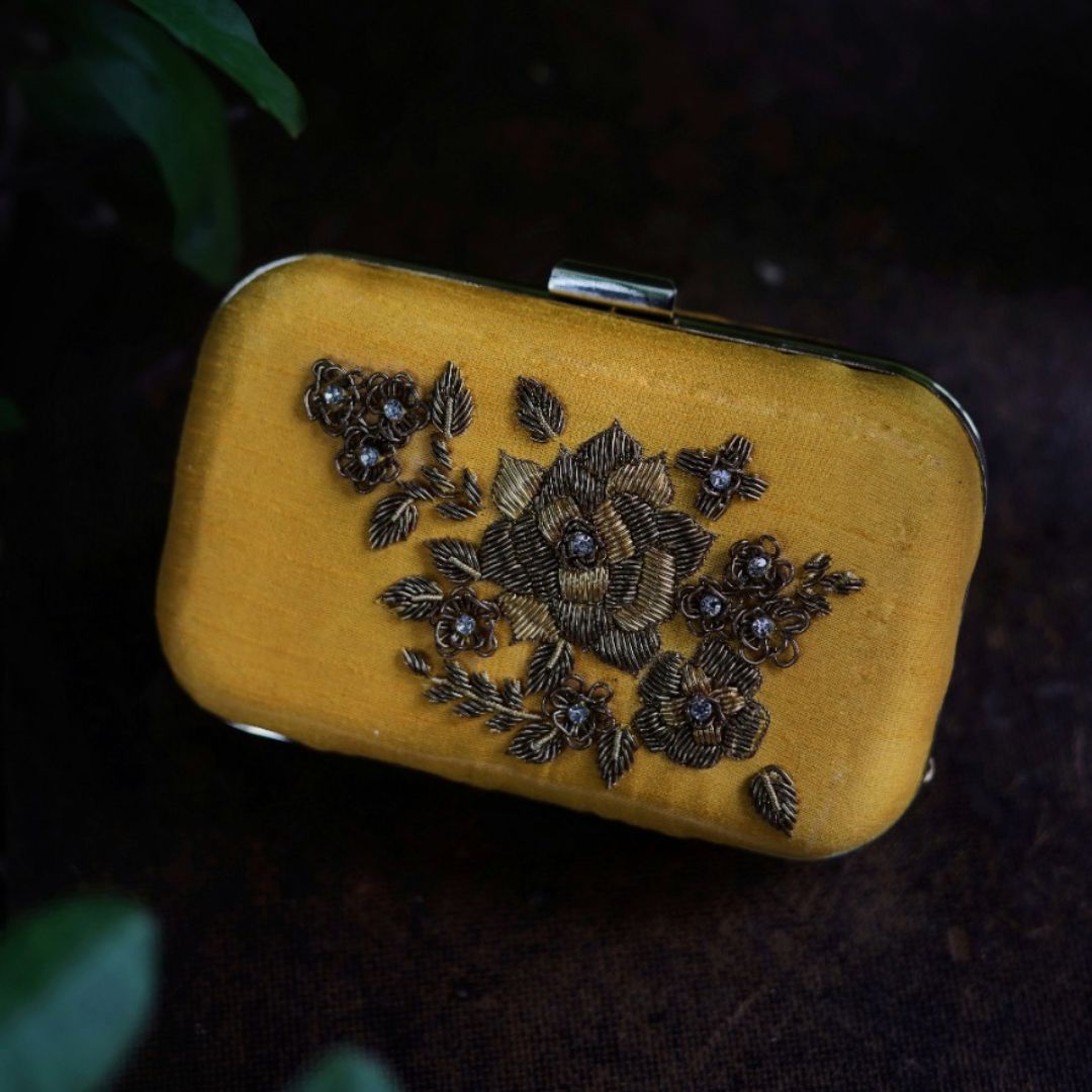 Mustard Floral Embroidered Clutch