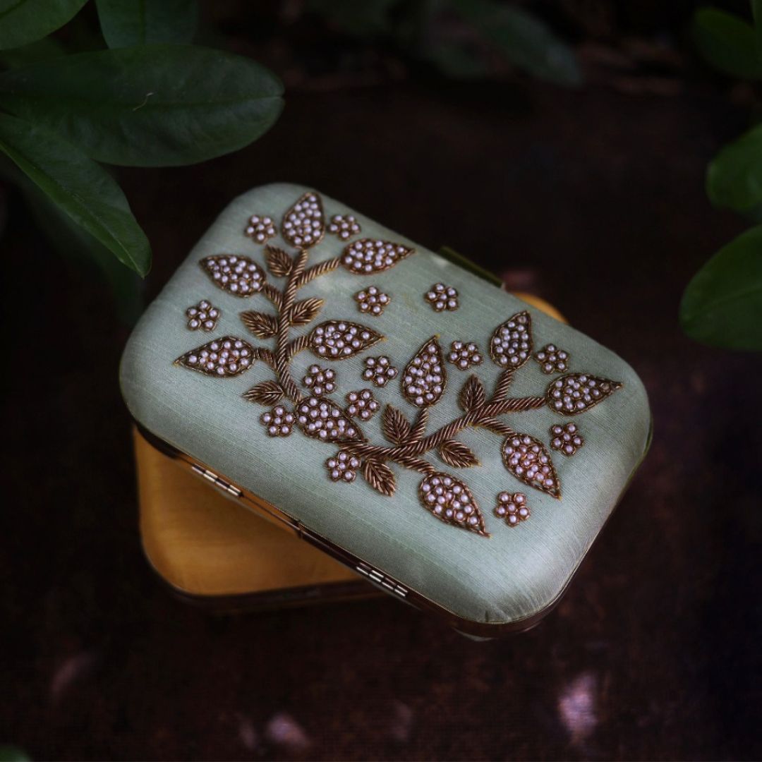 Sage Green Beaded Leaf Pattern Clutch