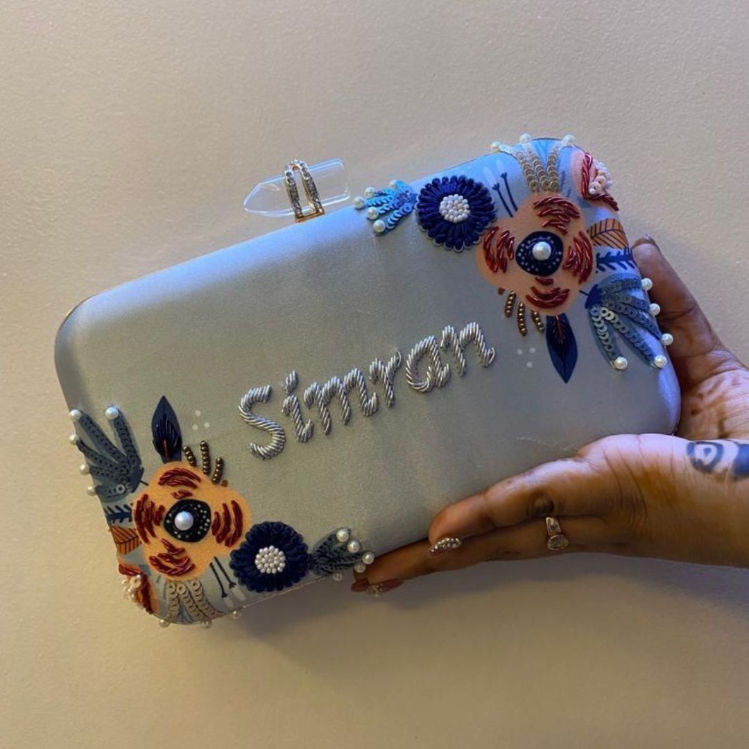 Icy Blue Customized Floral Clutch - "Your Name"