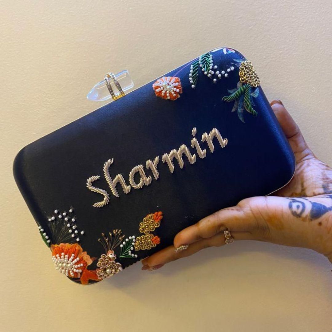 Floral Fantasy – Personalized Navy Blue Clutch (Your Name)
