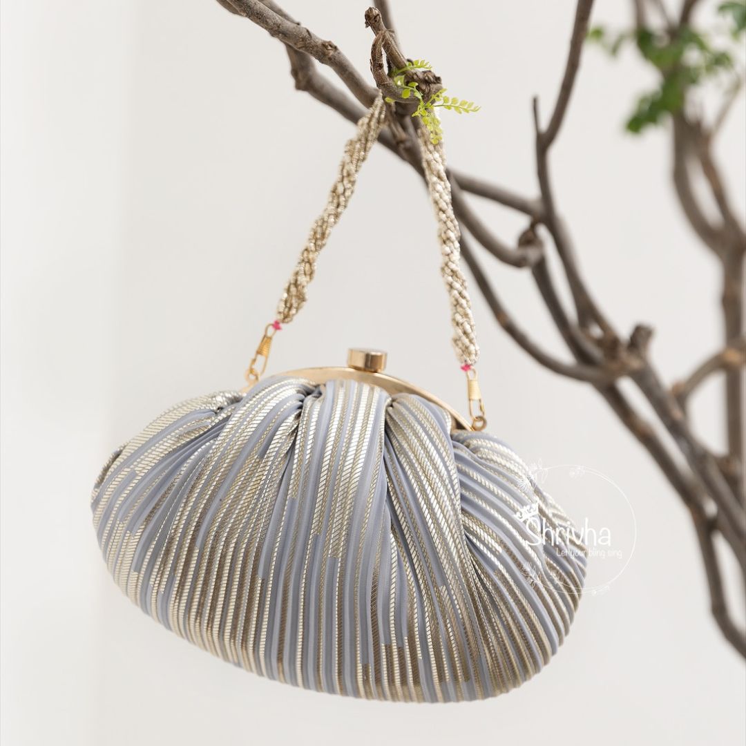 Silver Stripes Clutch Purse – Pleated Satin Batua Bag