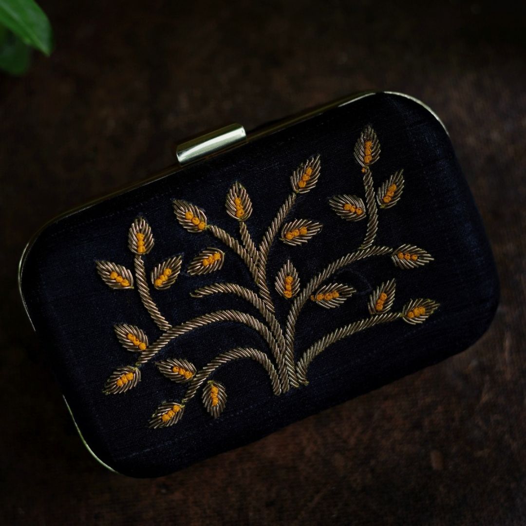 Midnight Black & Harvest Gold – Embroidered Clutch
