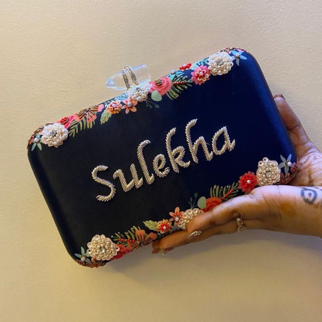 Navy Blue Floral – Personalized " Your Name" Handcrafted Clutch