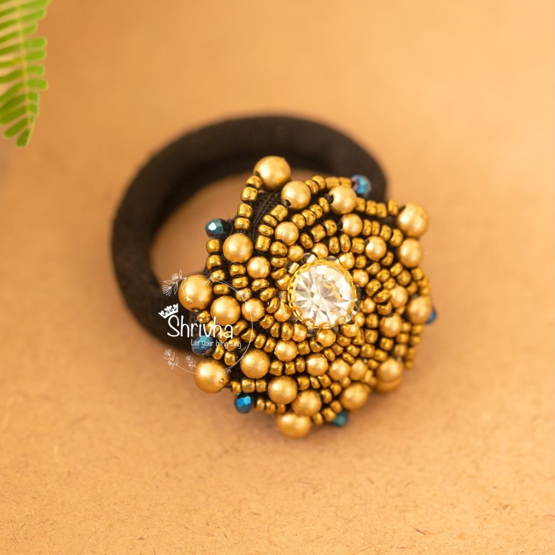Golden Bead Embellished Hair Tie – Elegant Ponytail Holder