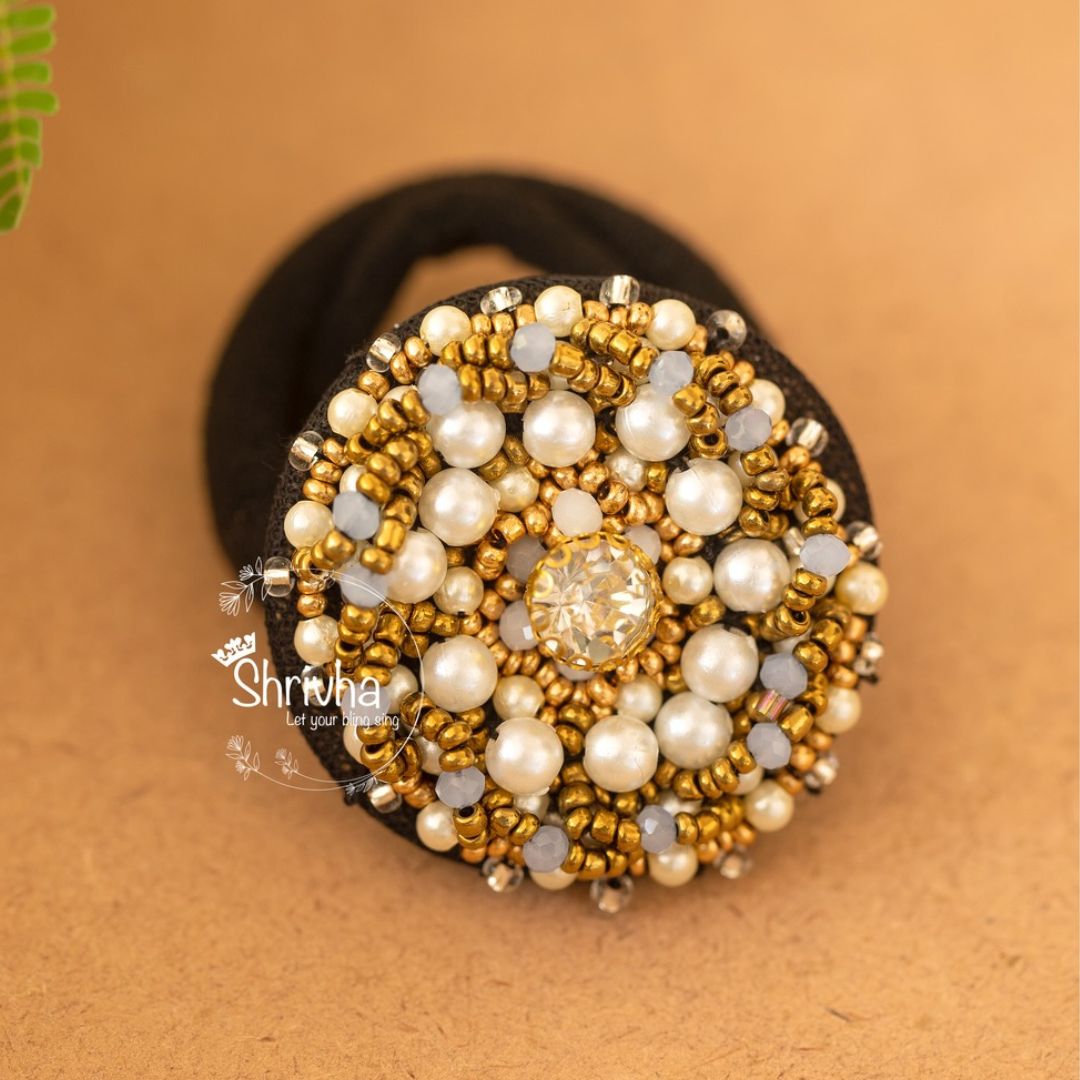 Golden Glamour Beaded Scrunchie – Luxurious Hairband