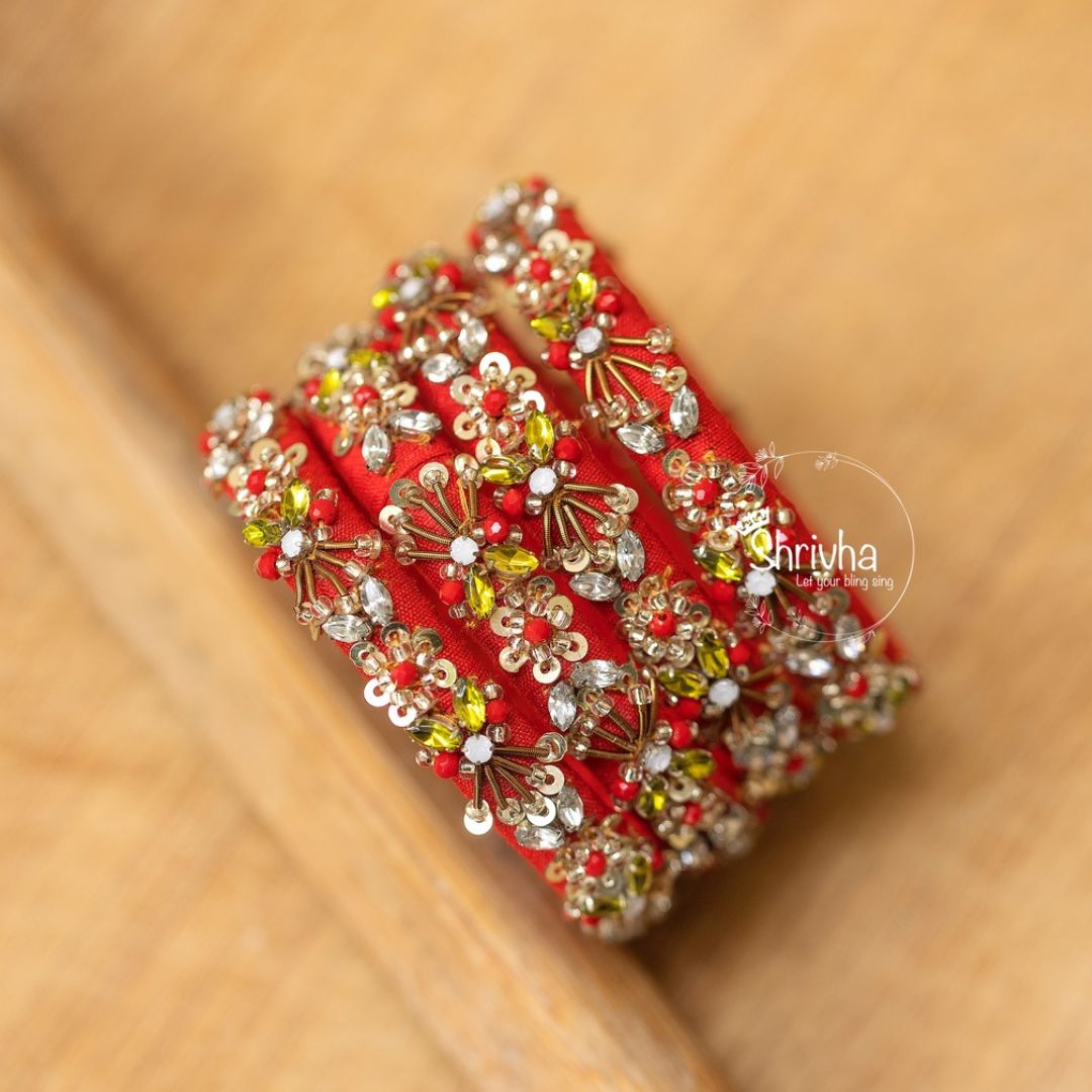 Scarlet Sparkle – Embellished Raw Silk Bangle