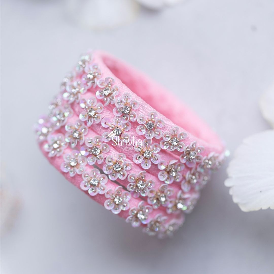 Blush Blossom – Crystal Studded Raw Silk Bangle (1 pc)