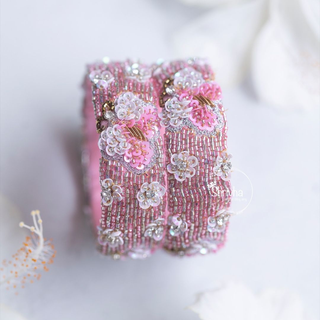 Pink Petal Gleam – Beaded Raw Silk Bangle