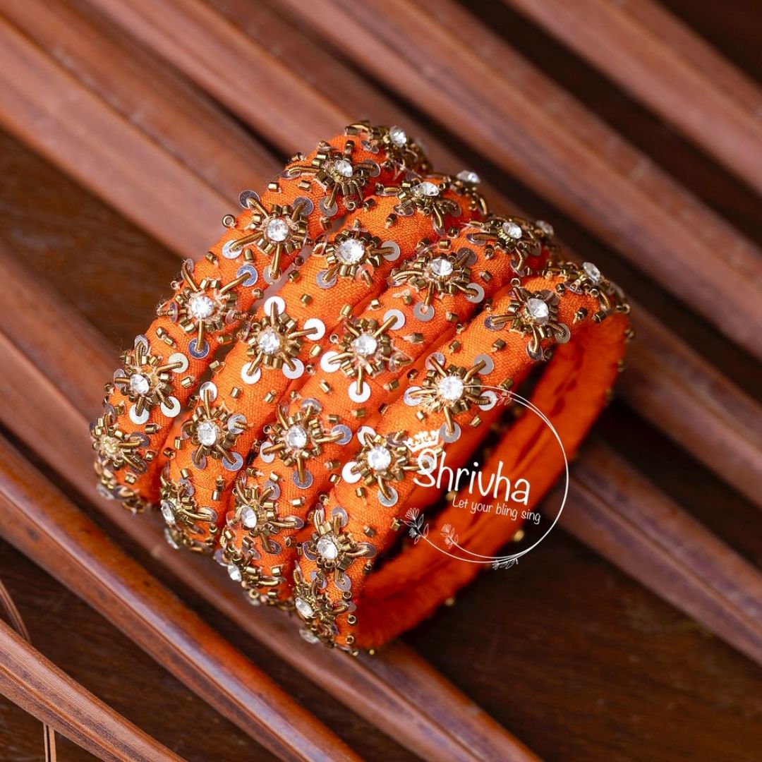 Saffron Splendor – Ornate Raw Silk Bangle