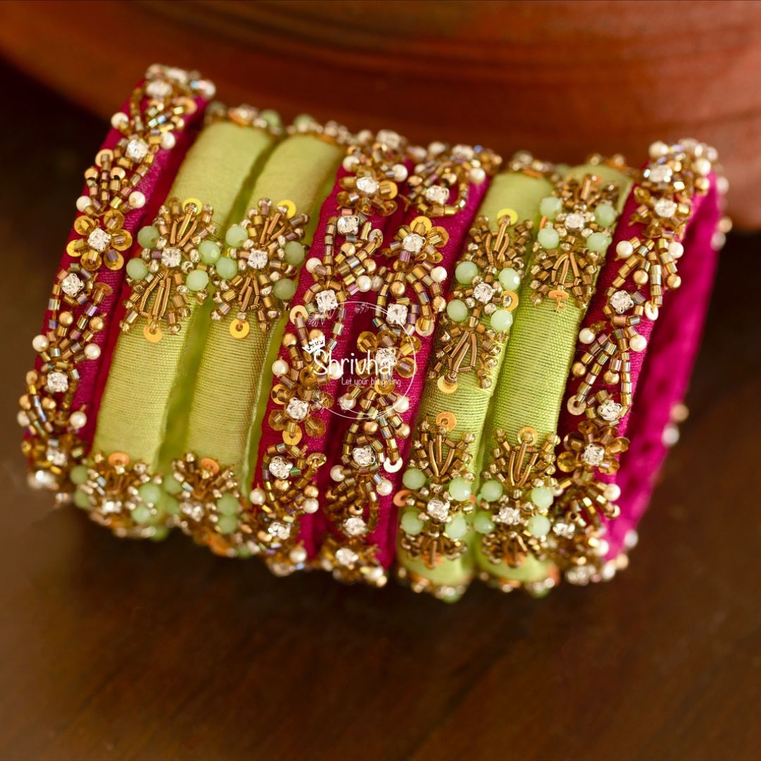 Raw Silk Magenta Charm Bangle Set