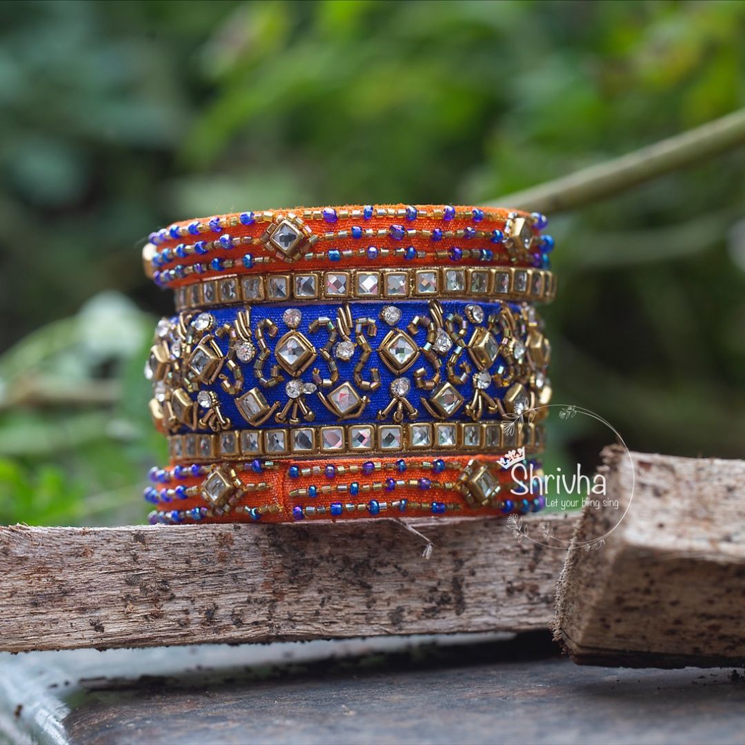 Sapphire Blue & Orange Beaded – Raw Silk Bangle Set