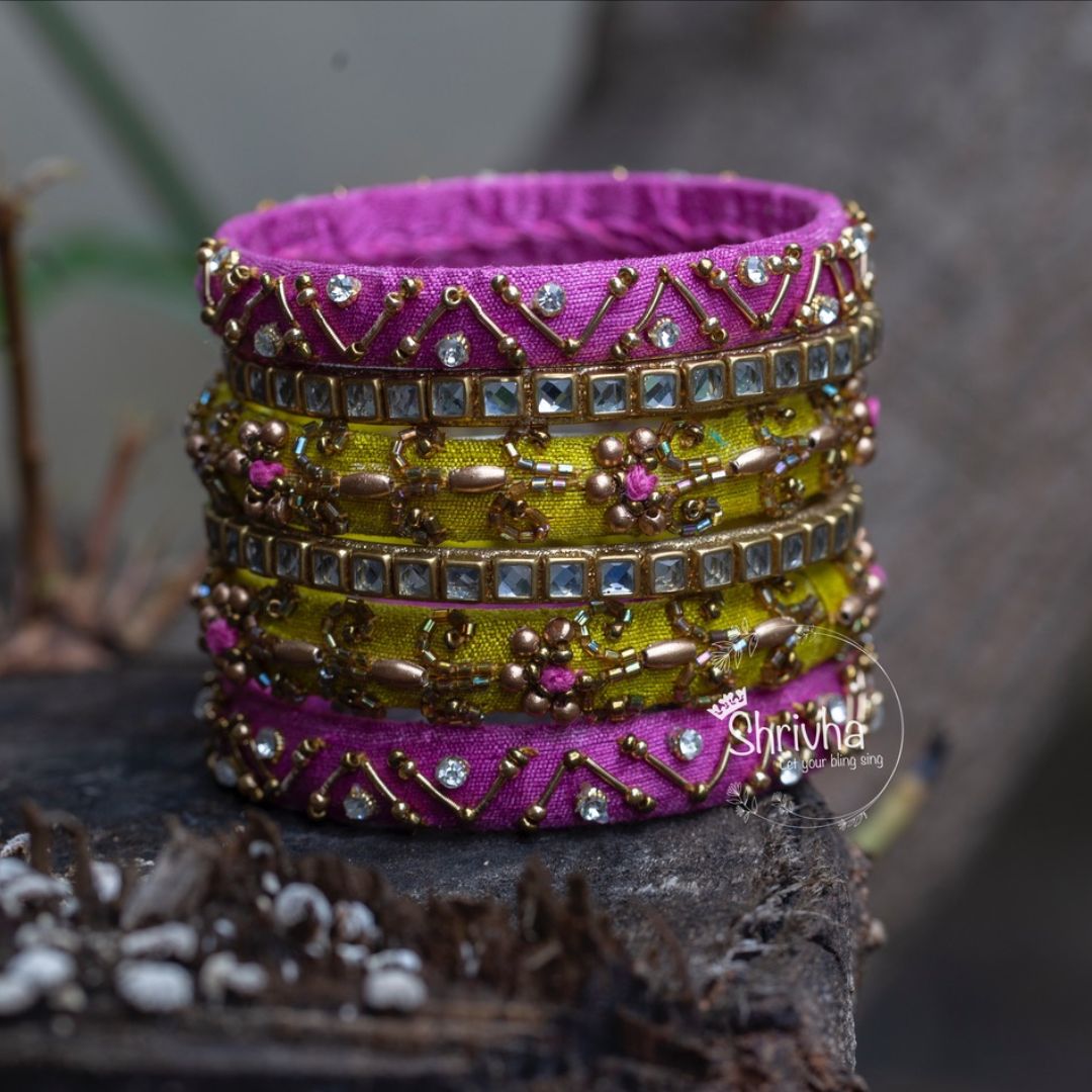 Magenta & Olive Embroidered – Raw Silk Bangle Set
