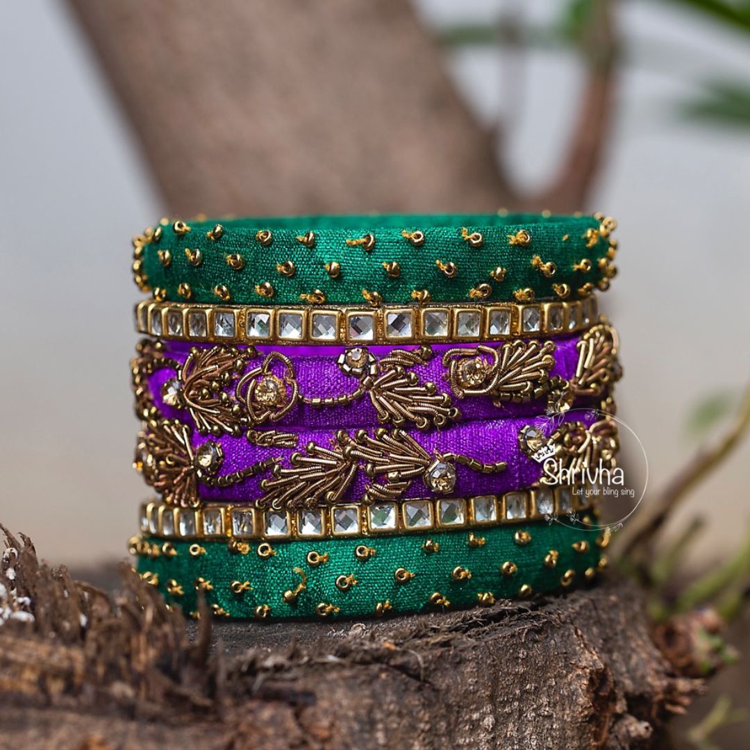 Emerald Green & Amethyst Purple – Golden Embroidered Raw Silk Bangle Set