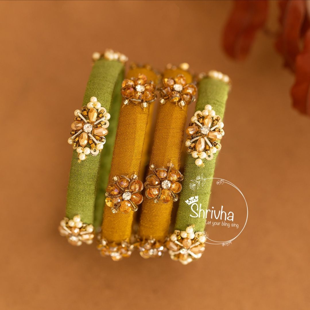 Olive & Mustard Floral Charm – Raw Silk Bangle Set