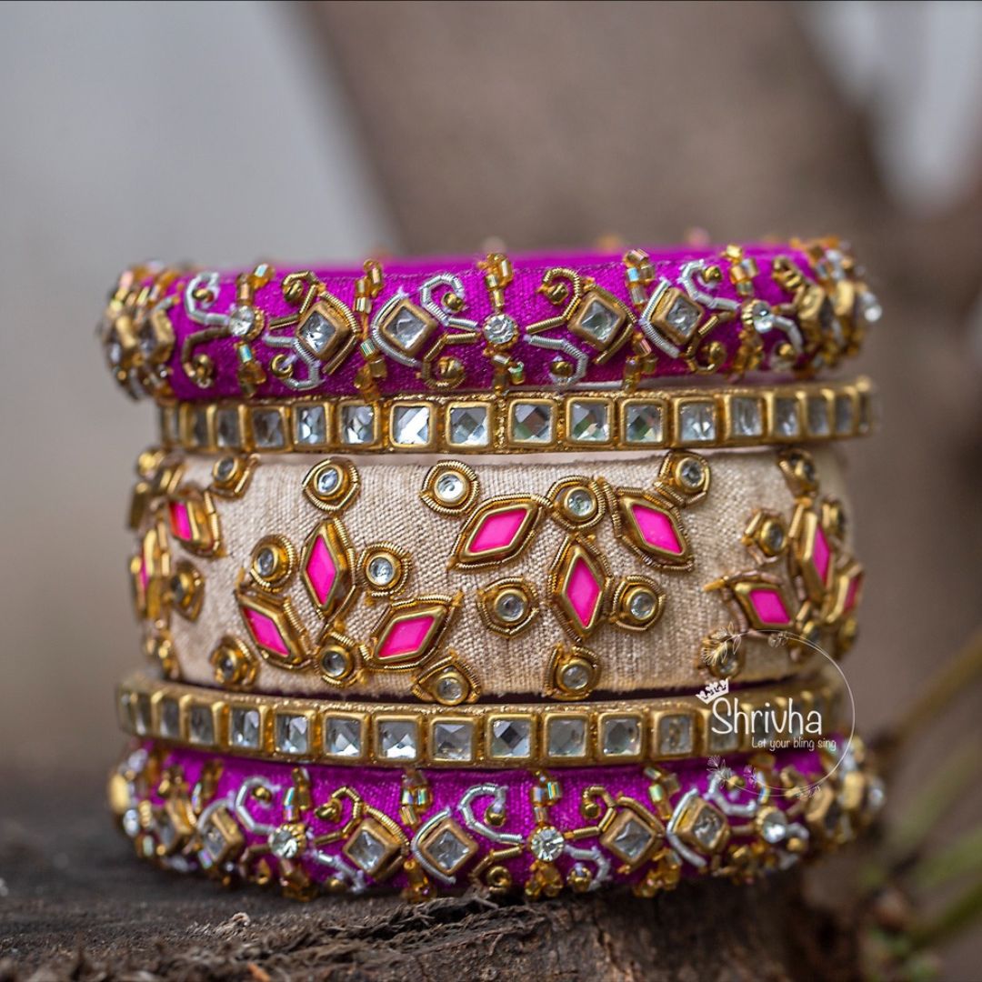 Fuchsia Pink & Gold Heirloom – Raw Silk Bangle Set