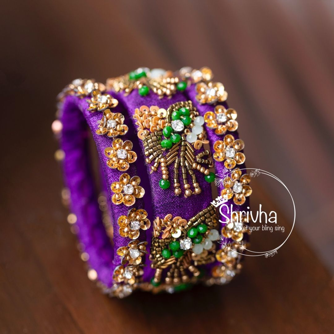Royal Purple & Emerald Grandeur – Raw Silk Bangle Set