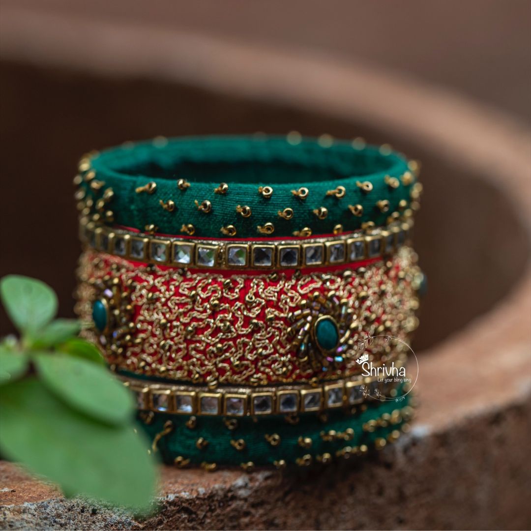 Emerald & Gold Embroidered Raw Silk Bangles (Set Of 5)