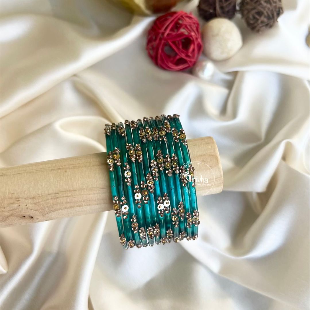 Celestial Spectrum – Subtle Glitter Glass Bangles Set (12 Pcs)