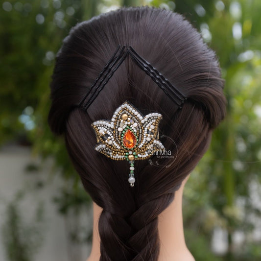 Embroidery Hair Brooch – Orange with Pearl Hangings