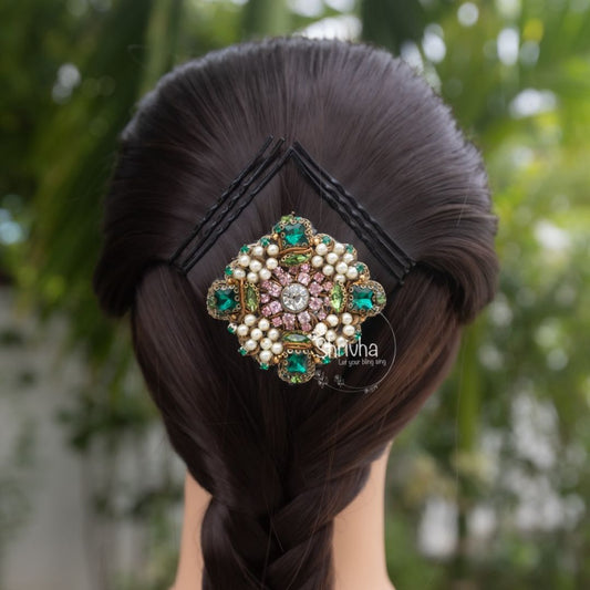 Embroidery Hair Brooch – Emerald Green Pearl – Festive Wear