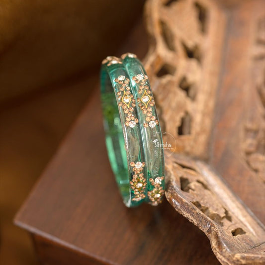 Majestic Hues –  Glass Bangles with Stonework (2 Pcs)