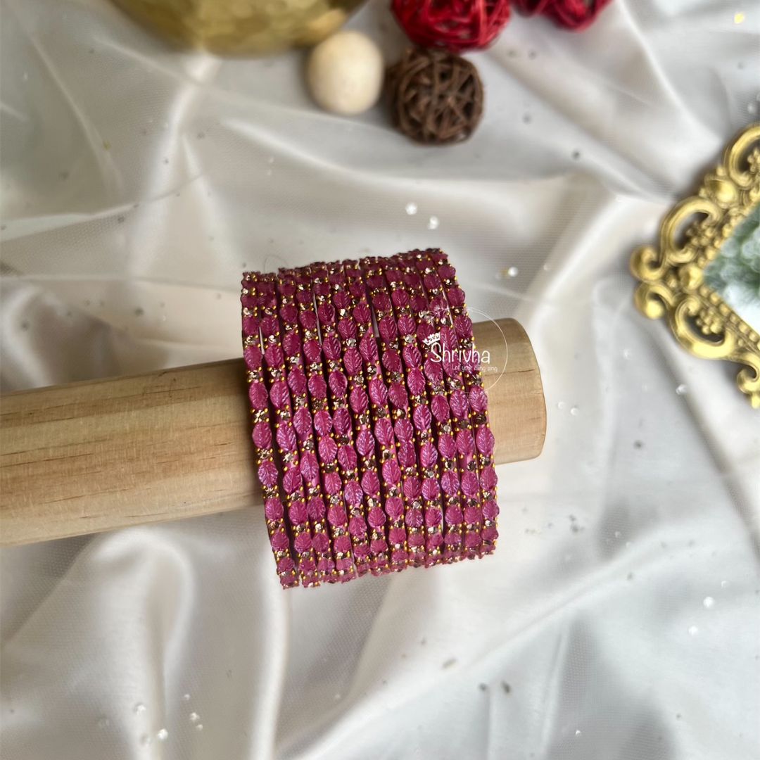 Ethereal Bloom – Elegant Leaf Glass Bangles (12Pc)