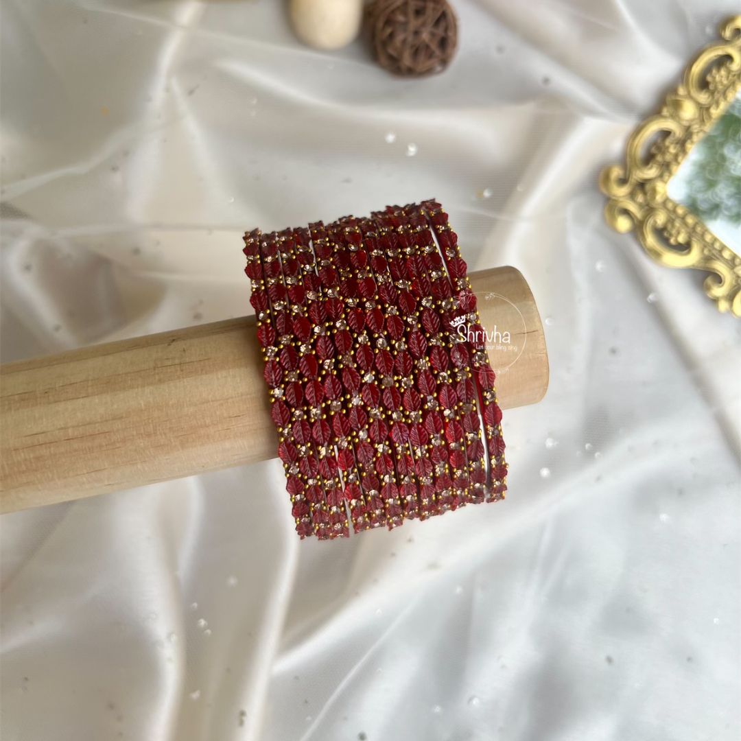 Ethereal Bloom – Elegant Leaf Glass Bangles (12Pc)