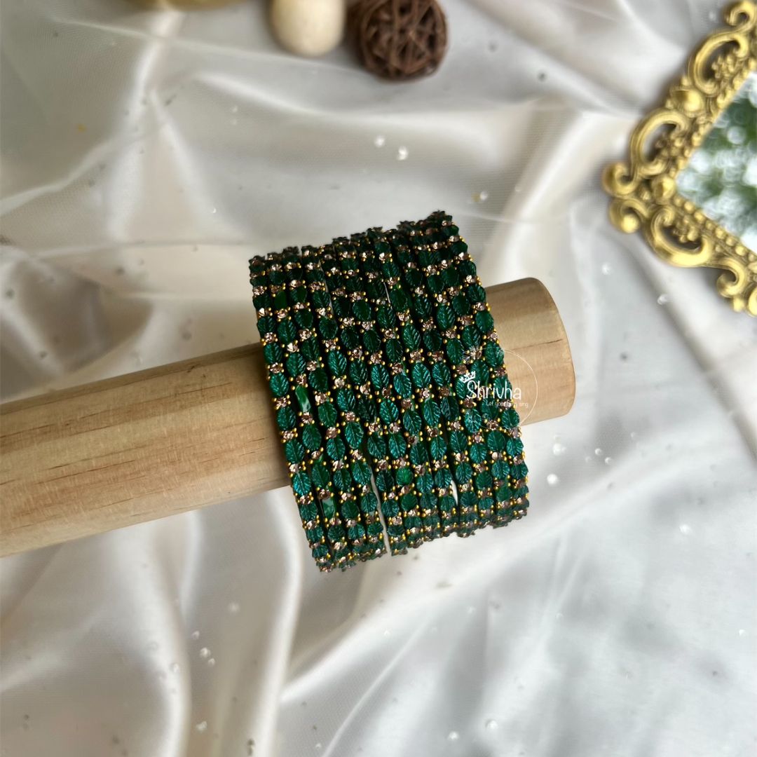 Ethereal Bloom – Elegant Leaf Glass Bangles (12Pc)