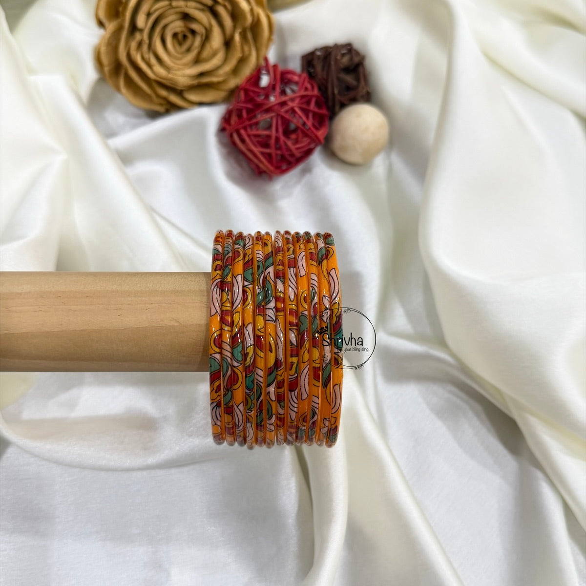 Vibha traditional luxury floral–vine Printed Glass Bangles (12Pc)