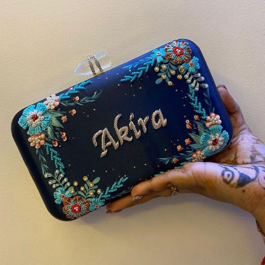 Bespoke Midnight Blue Embellished Clutch - "Your Name"