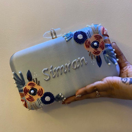 Icy Blue Customized Floral Clutch - "Your Name"