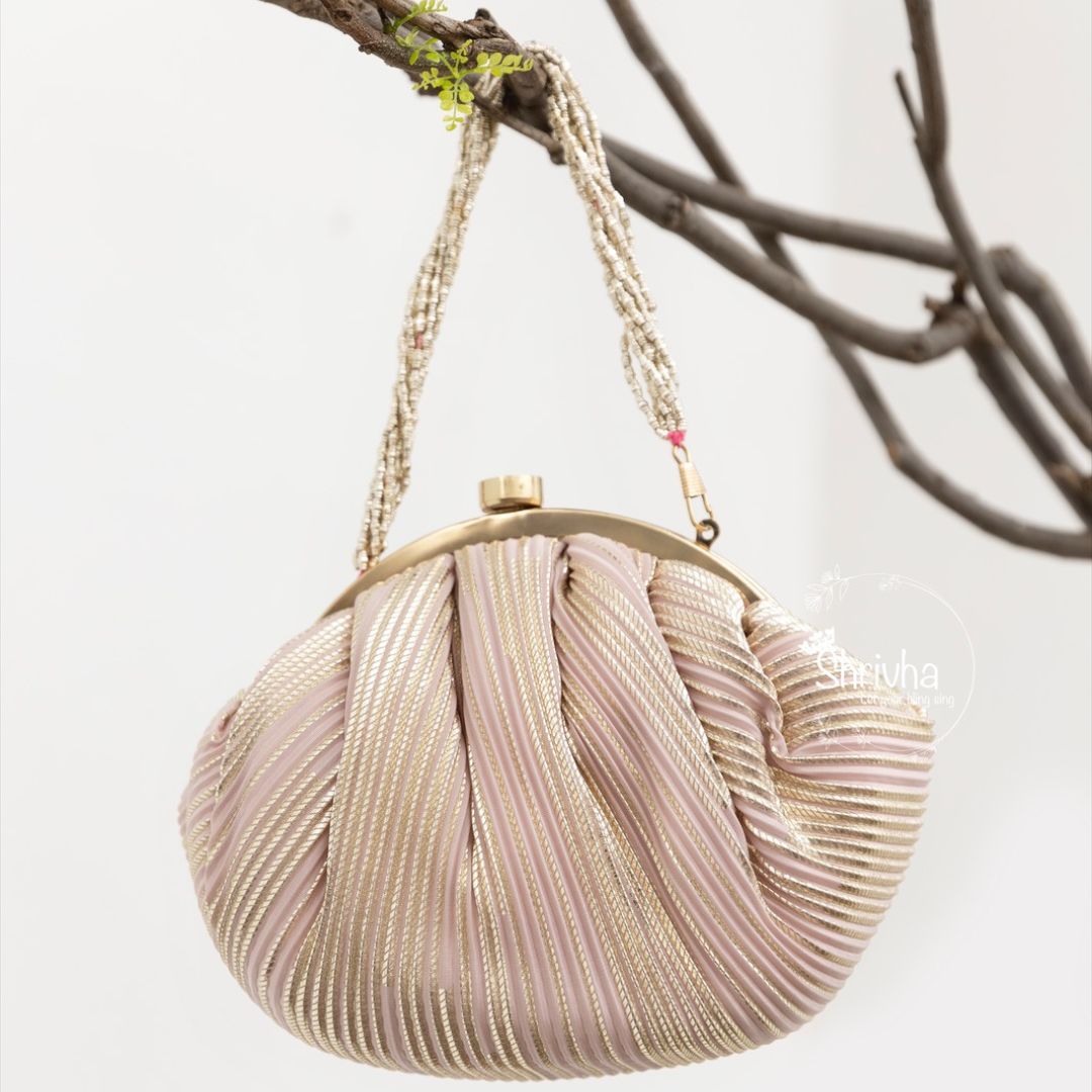 Blush Pink & Gold Clutch Purse – Pleated Satin Batua Bag