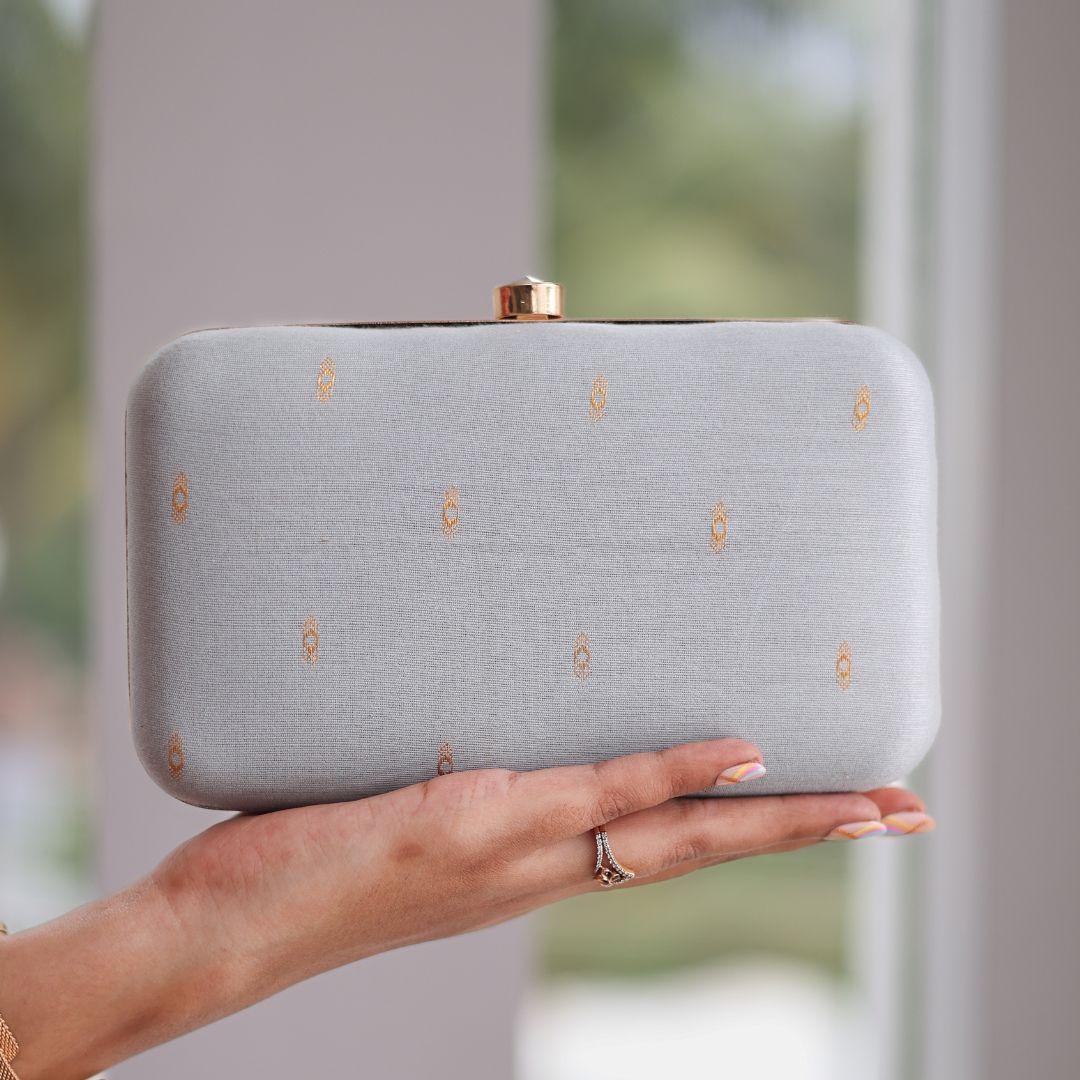 Soft Grey – Gold Motif Clutch Purse