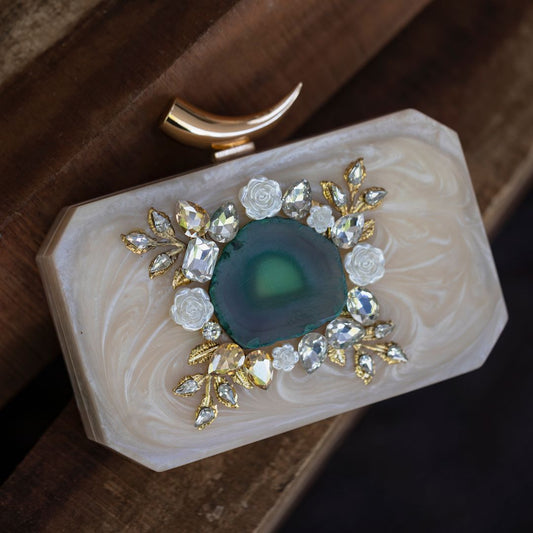 Ivory Elegance – Agate & Crystal Embellished Clutch