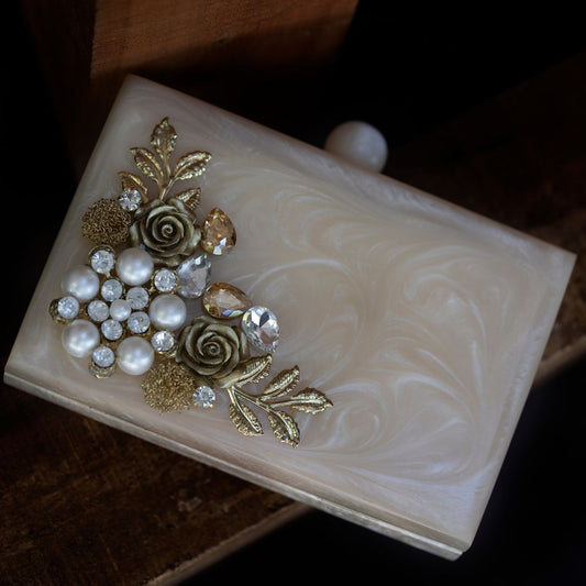 Ivory Floral – Embellished Marble Clutch
