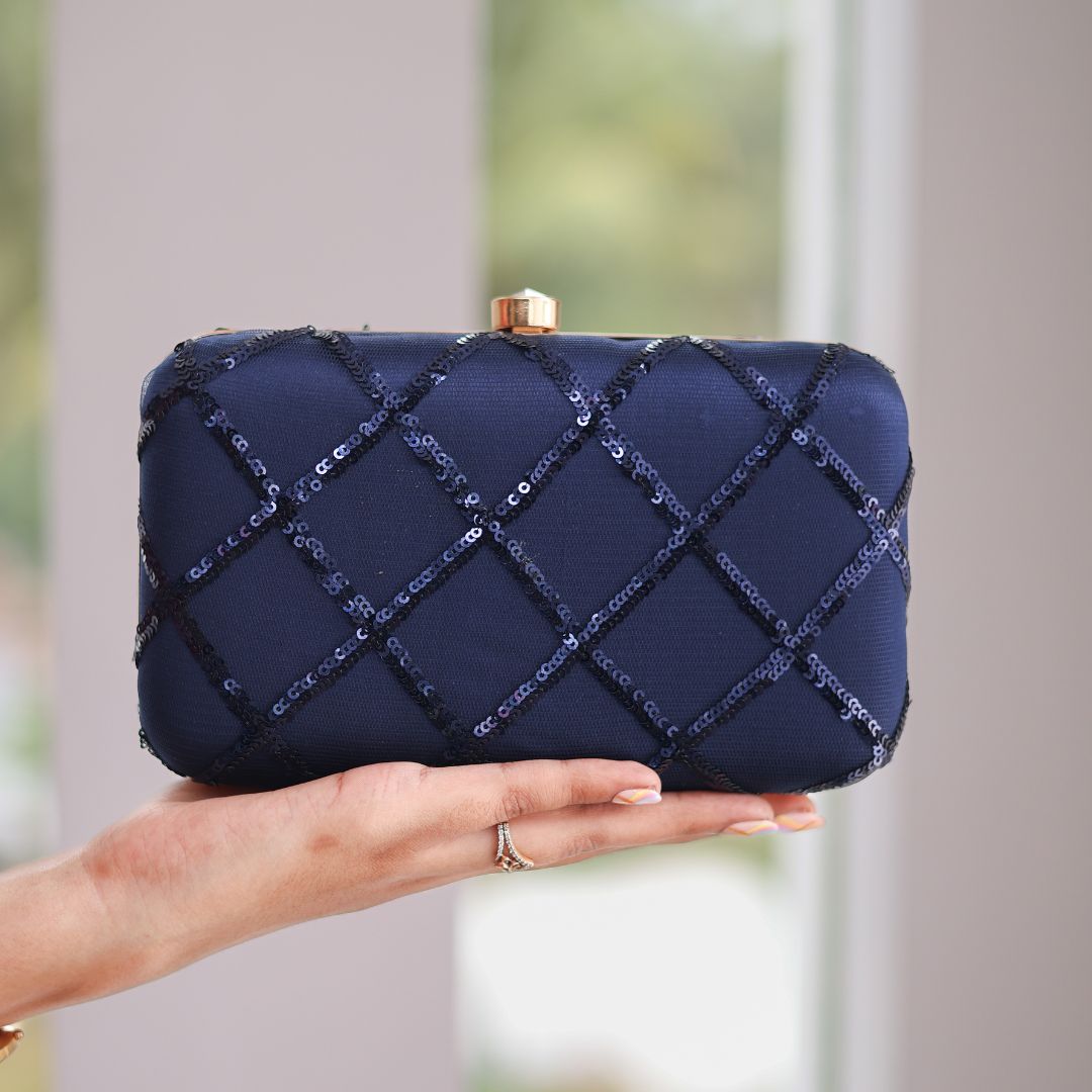 Navy Blue Sequined – Velvet Clutch Purse