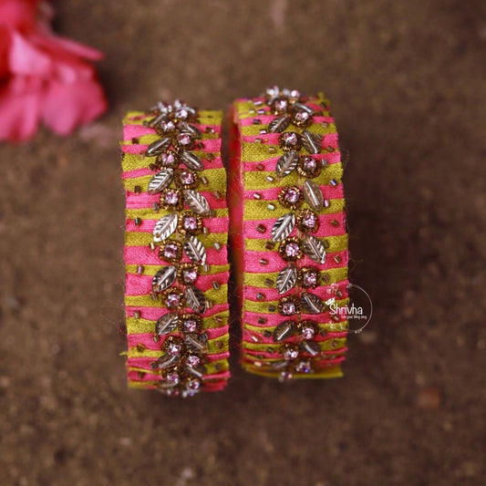 Pink & Olive Embellished – Raw Silk Bangle