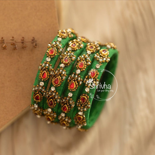 Emerald Grandeur – Raw Silk Embellished Bangle (1 pc)