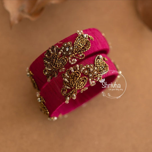 Crimson Elegance – Raw Silk Embroidered Bangle (1 pc)